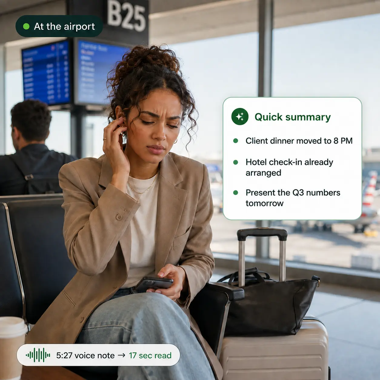 Traveller reviewing summarised client notes at the airport