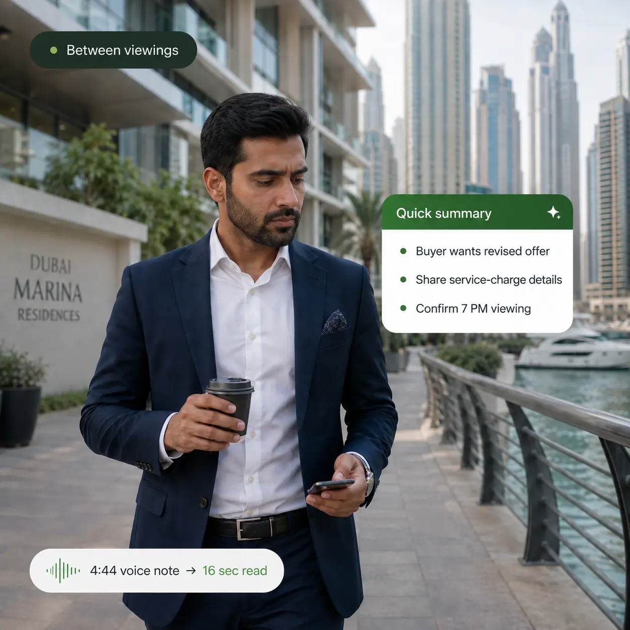 Agent walking in Dubai Marina reading a client voice-note summary