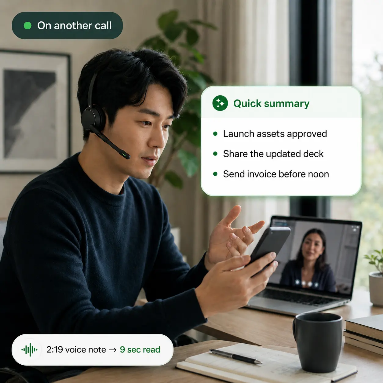 Support agent reading a voice-note summary while on a call
