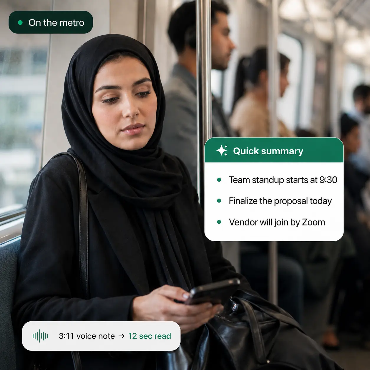 Commuter reading a multilingual voice-note summary on the metro