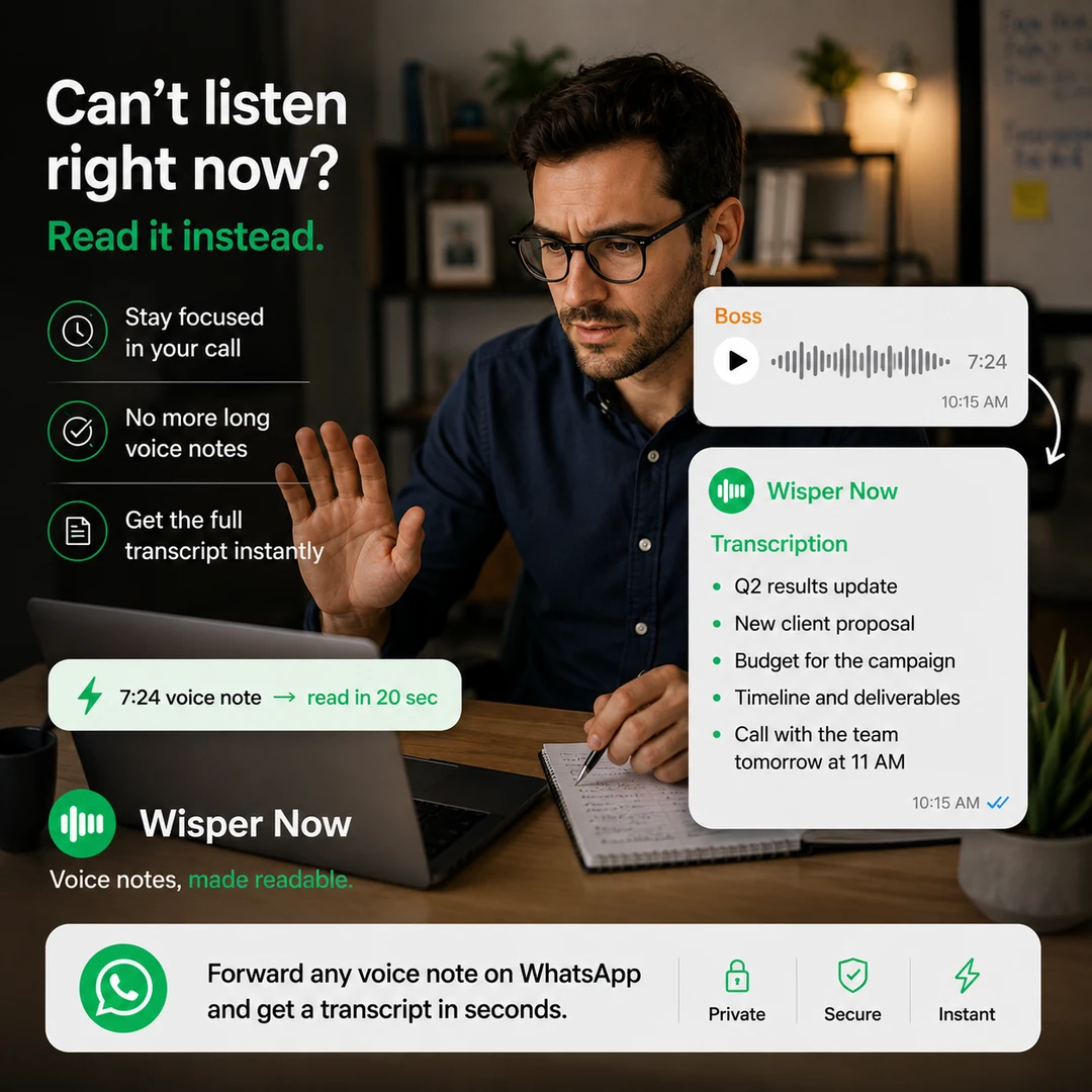 Man on a call reading a Wisper Now transcript of his boss's voice note